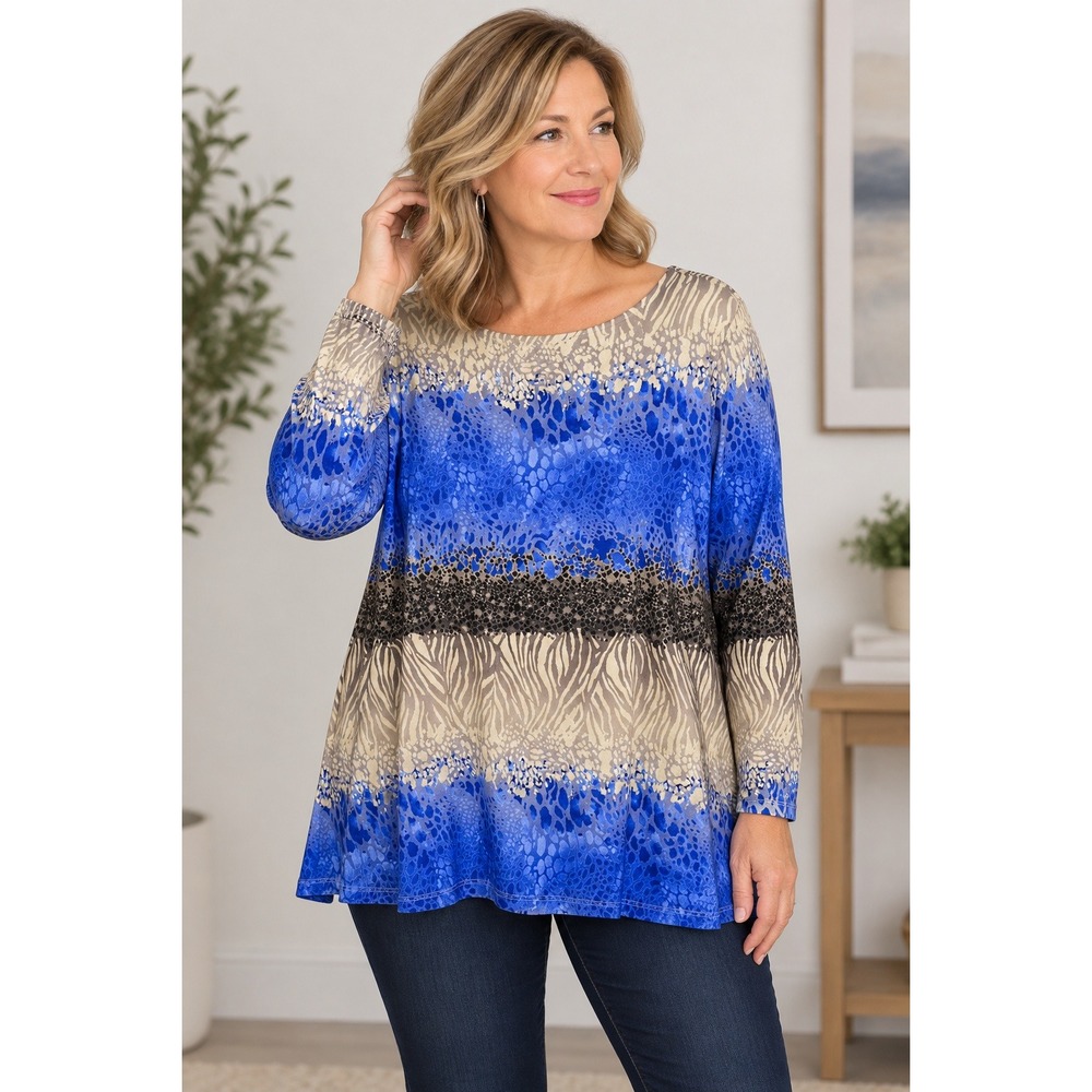 Ali Miles Blouse Women's Large Animal Print Abstract Scoop Neck Long Sleeve Blue